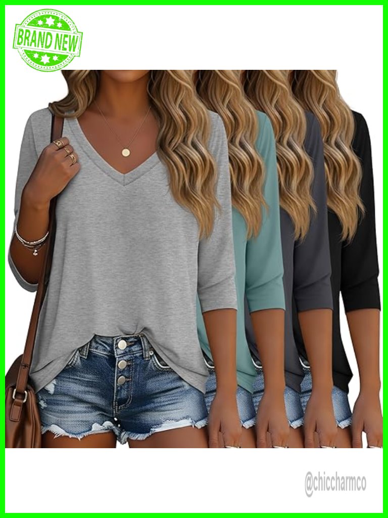 4 Pack Women's 3/4 Sleeve V Neck Cotton Blend Tunic Tops Loose Fit Solid Tees